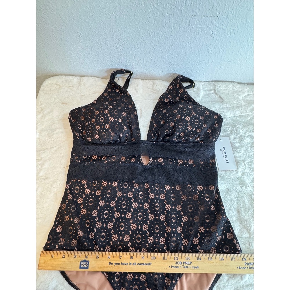 Swimsuits For All Women Black Lace Nude Lining V-Neck One Piece Swimsuit NWT - Picture 11 of 14
